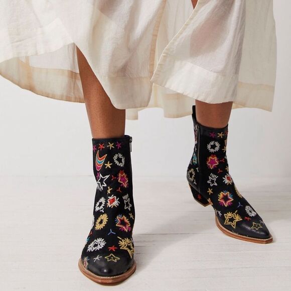 Free People Shoes - Free People Bowers Embroidered Ankle Boots in Black Celestial Suede